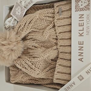 Anne Klein Tan Accents with Chunky Knit and Playful Pom-Pom